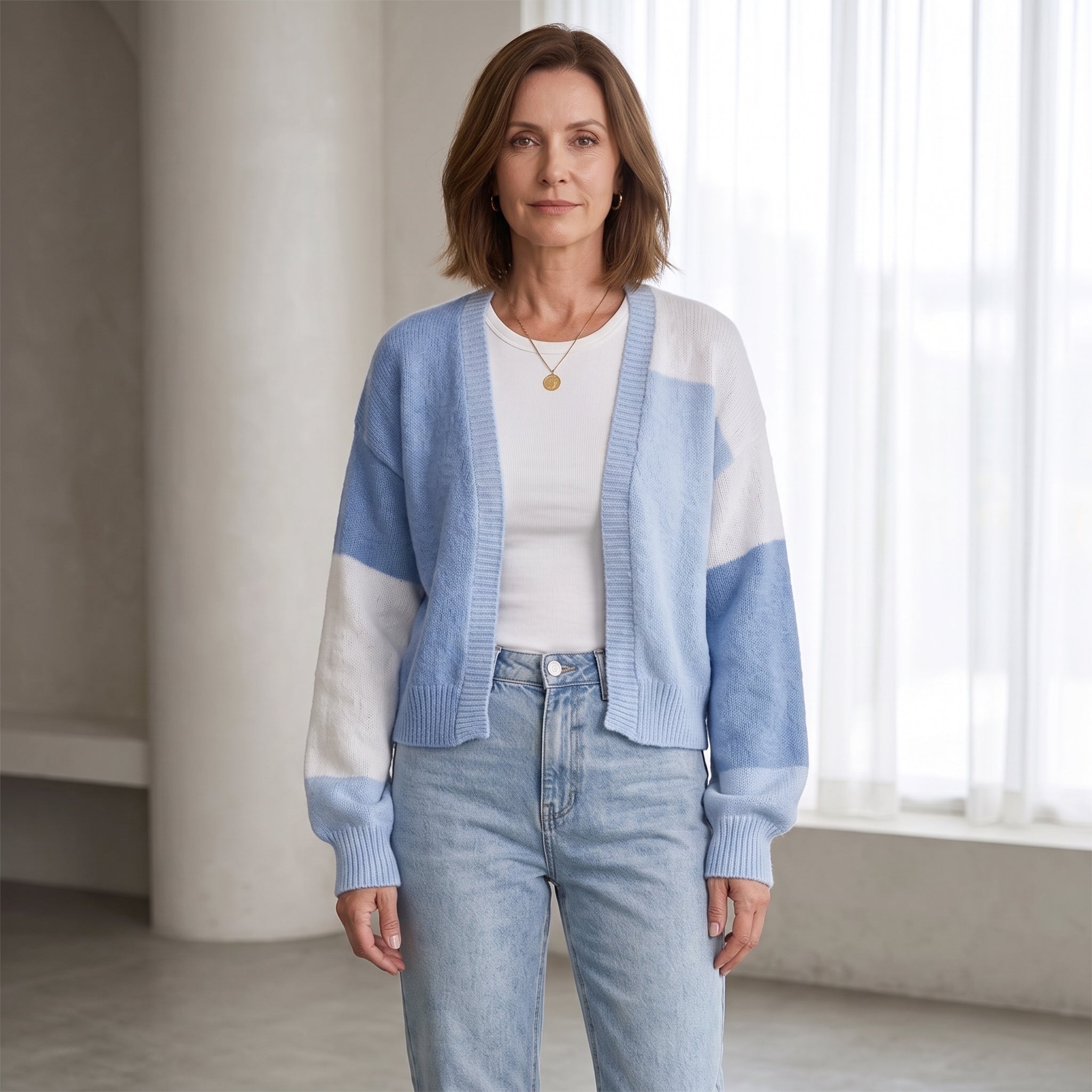 Color-Block Cardigan with Ribbed Cuffs for Women