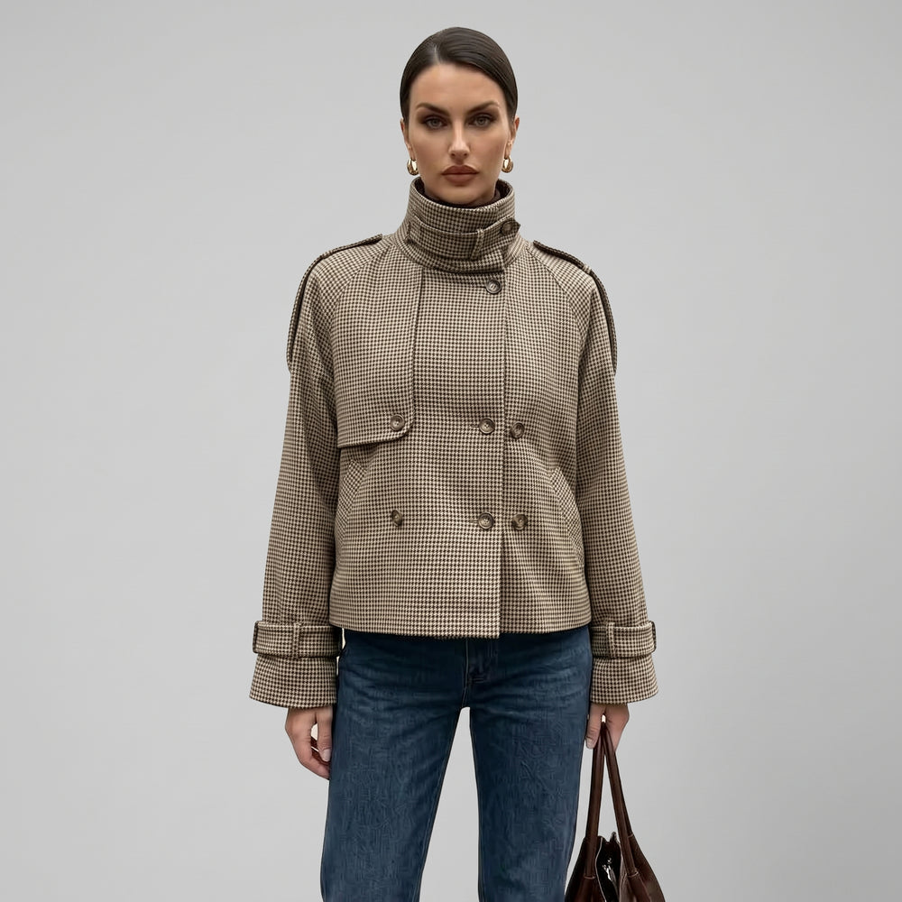 Check Pattern Cropped Jacket with Stand Collar for Women