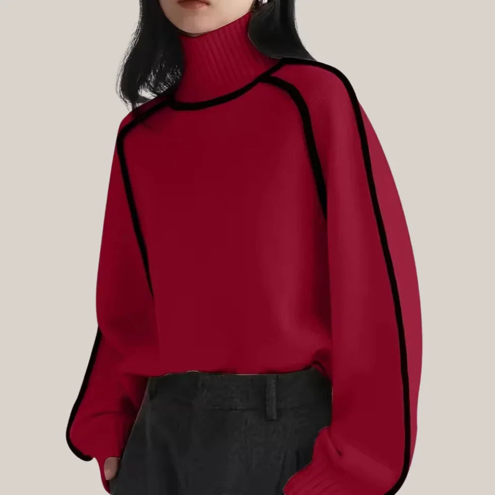 Contrast Trim Turtleneck Sweater with Ribbed Cuffs for Women