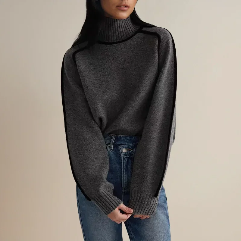 Contrast Trim Turtleneck Sweater with Ribbed Cuffs for Women