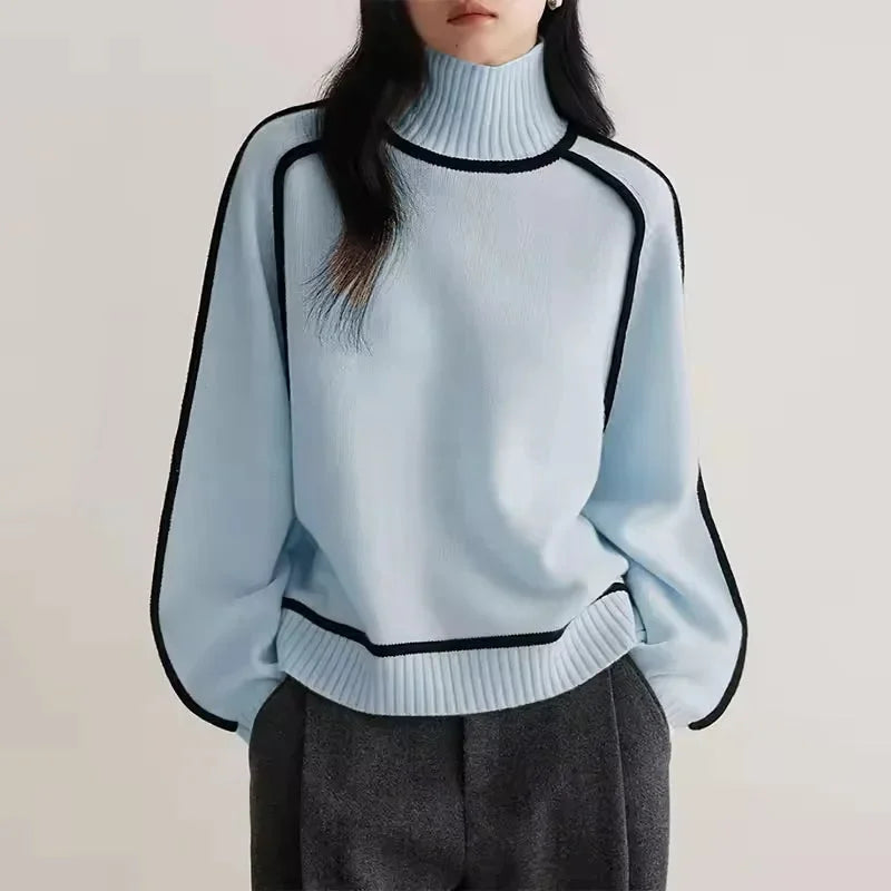 Contrast Trim Turtleneck Sweater with Ribbed Cuffs for Women