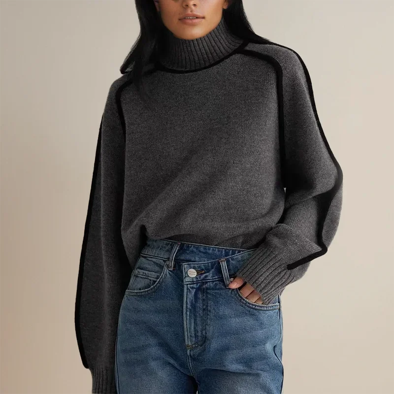 Contrast Trim Turtleneck Sweater with Ribbed Cuffs for Women