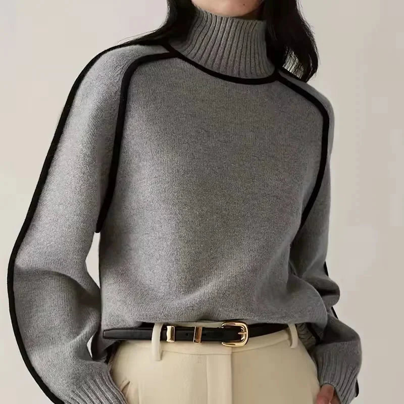 Contrast Trim Turtleneck Sweater with Ribbed Cuffs for Women