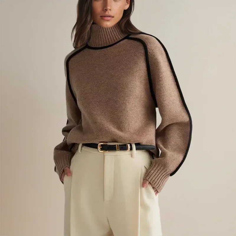 Contrast Trim Turtleneck Sweater with Ribbed Cuffs for Women
