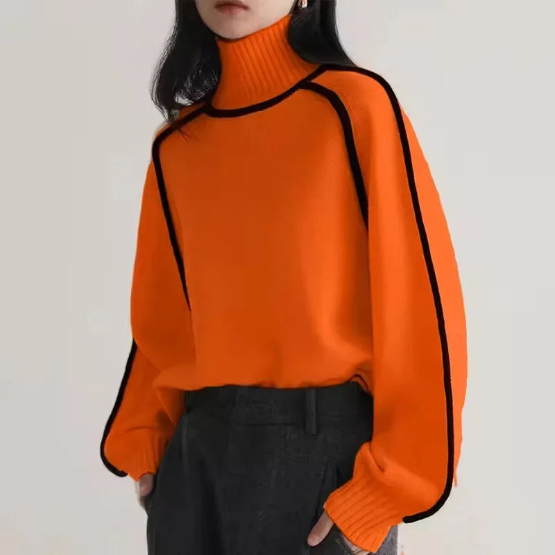 Contrast Trim Turtleneck Sweater with Ribbed Cuffs for Women