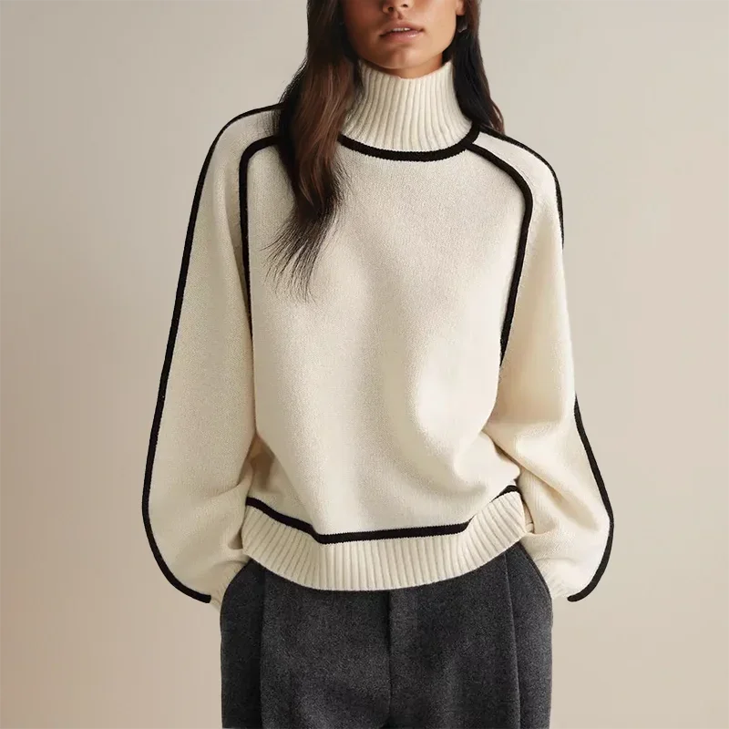 Contrast Trim Turtleneck Sweater with Ribbed Cuffs for Women
