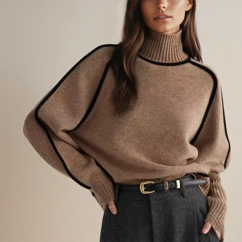 Contrast Trim Turtleneck Sweater with Ribbed Cuffs for Women