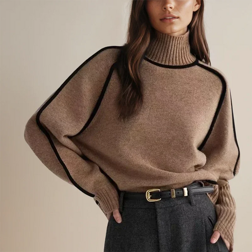 Contrast Trim Turtleneck Sweater with Ribbed Cuffs for Women