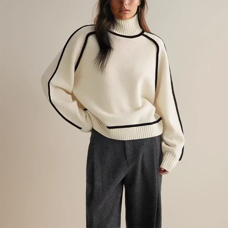 Contrast Trim Turtleneck Sweater with Ribbed Cuffs for Women
