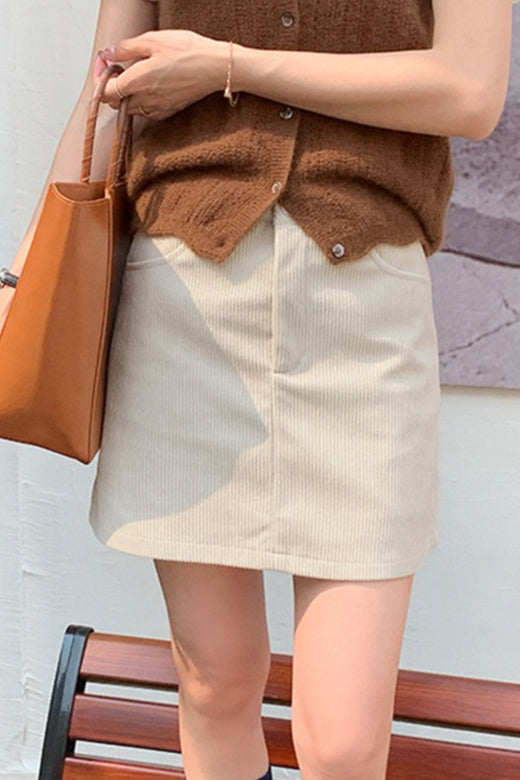 Corduroy Mini Skirt with High Waist and Pockets for Womens