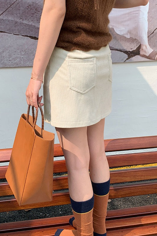 Corduroy Mini Skirt with High Waist and Pockets for Womens