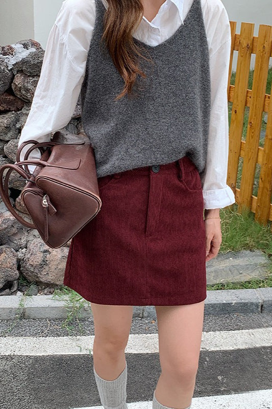 Corduroy Mini Skirt with High Waist and Pockets for Womens