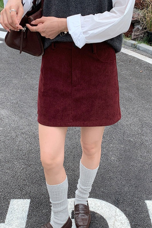 Corduroy Mini Skirt with High Waist and Pockets for Womens