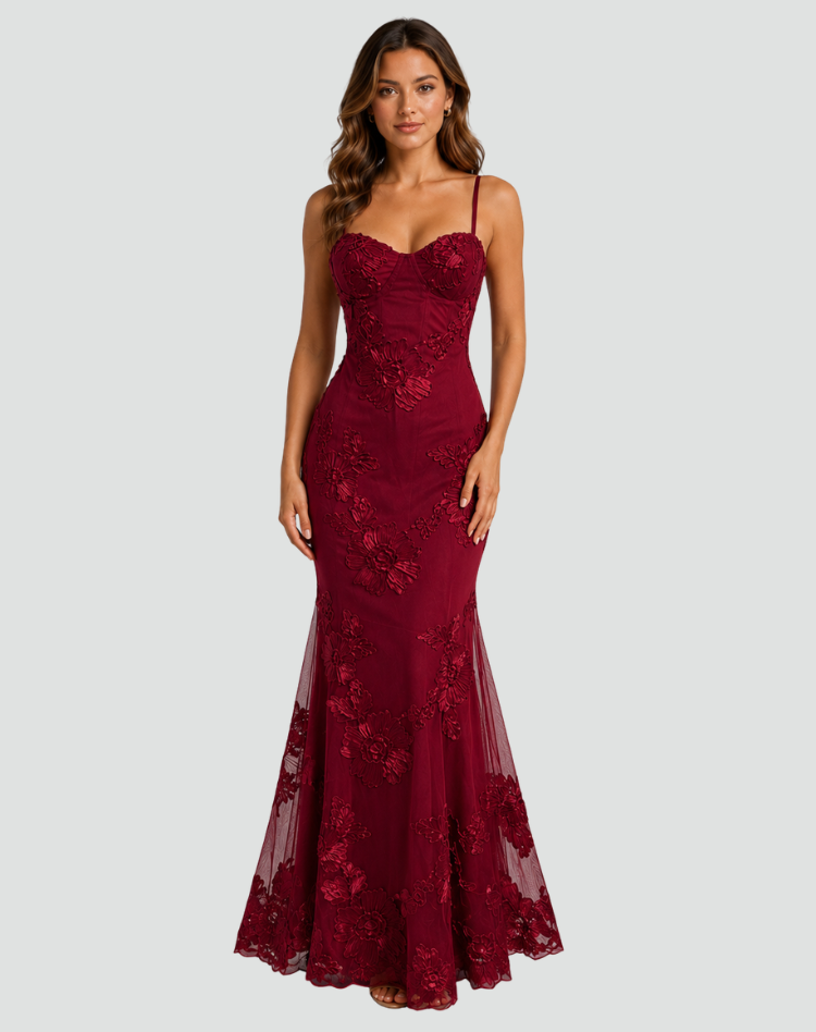 Corset Bodice Formal Maxi Dress with Floral Textured Detailing for Women