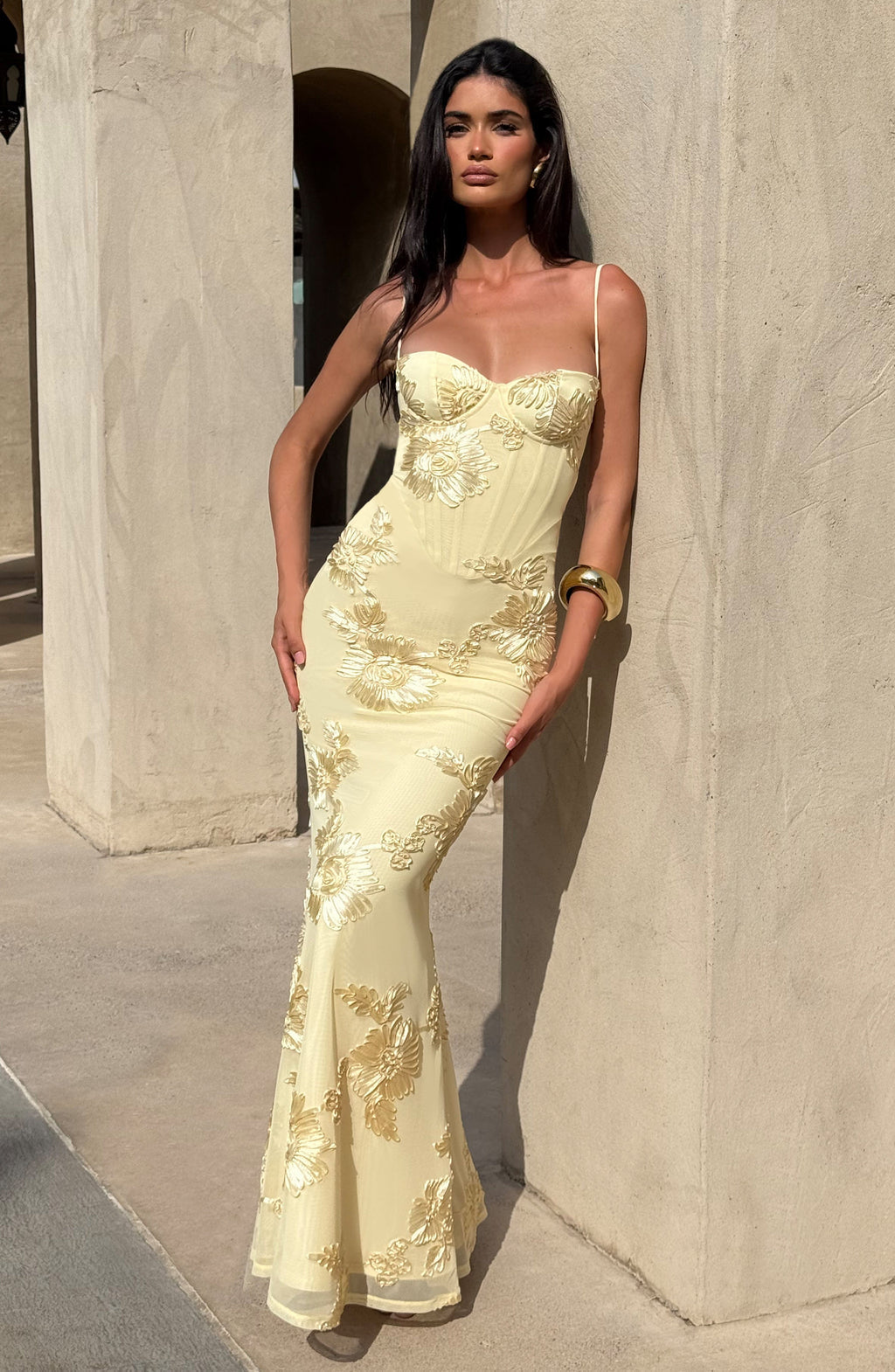 Corset Bodice Formal Maxi Dress with Floral Textured Detailing for Women