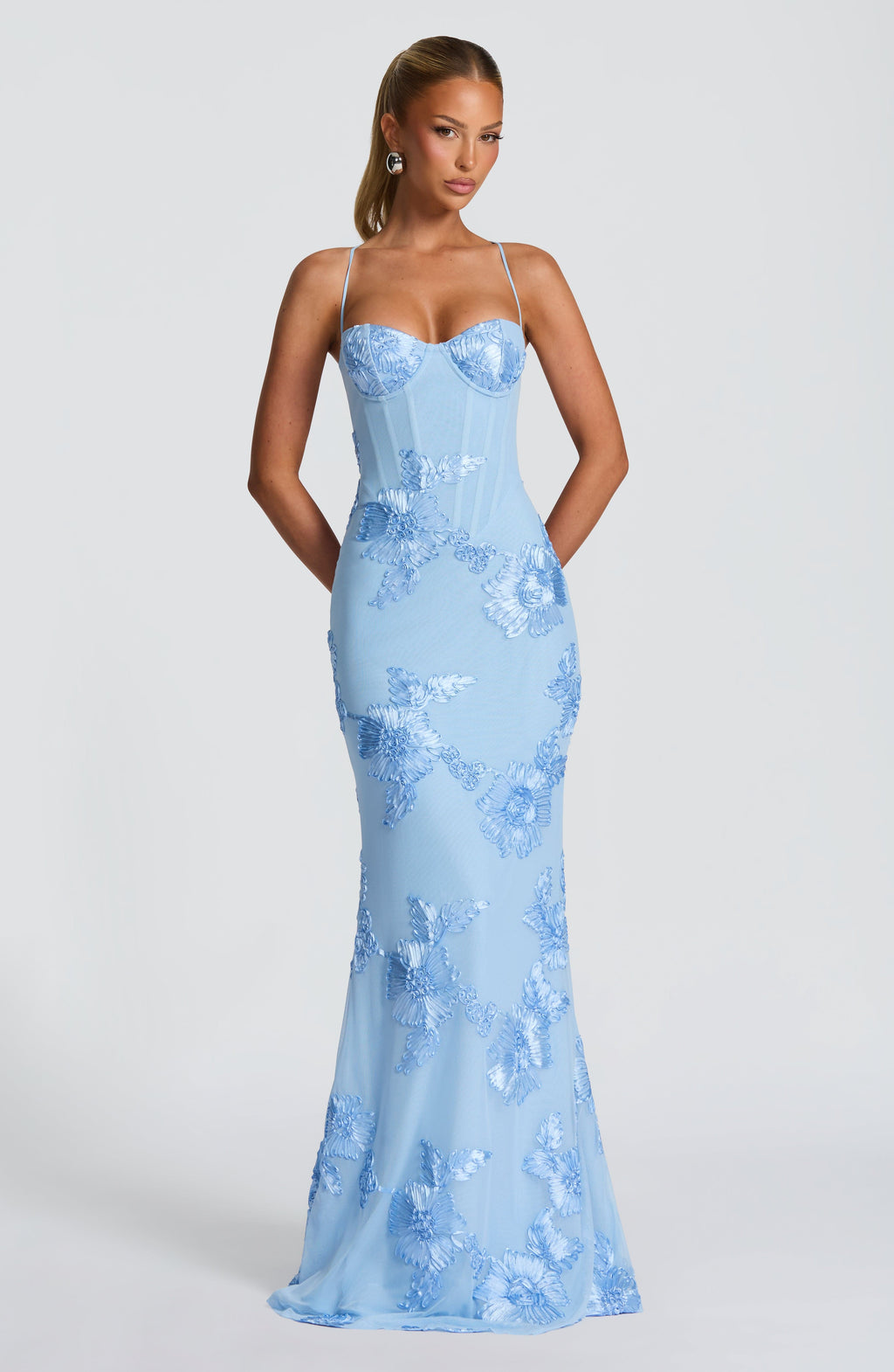 Corset Bodice Formal Maxi Dress with Floral Textured Detailing for Women