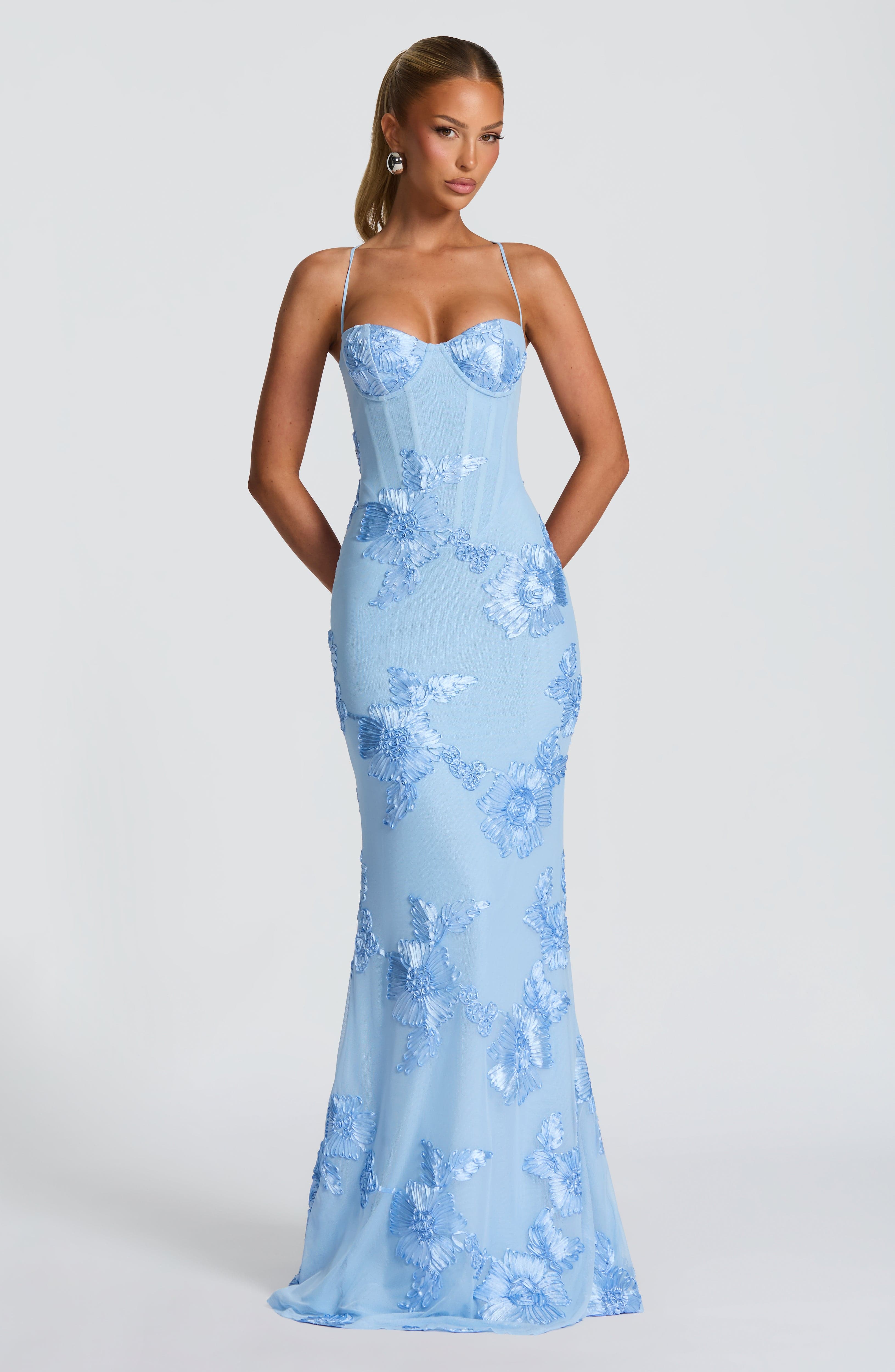 Corset Bodice Formal Maxi Dress with Floral Textured Detailing for Women