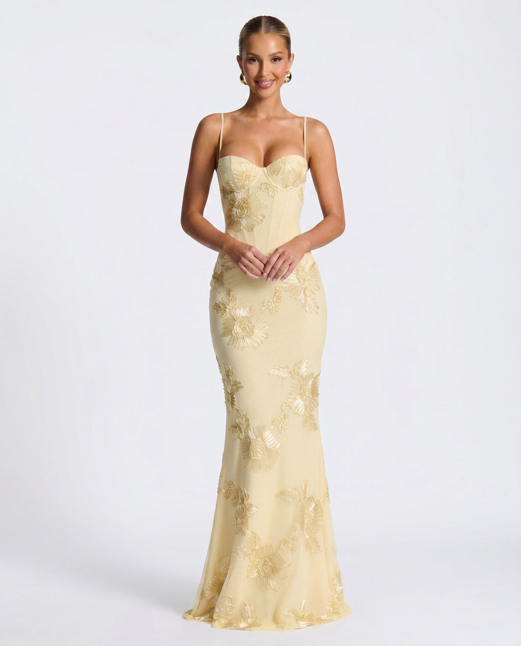 Corset Bodice Formal Maxi Dress with Floral Textured Detailing for Women