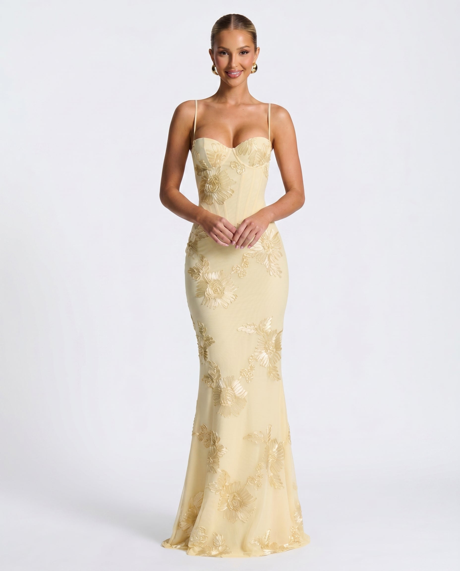 Corset Bodice Formal Maxi Dress with Floral Textured Detailing for Women