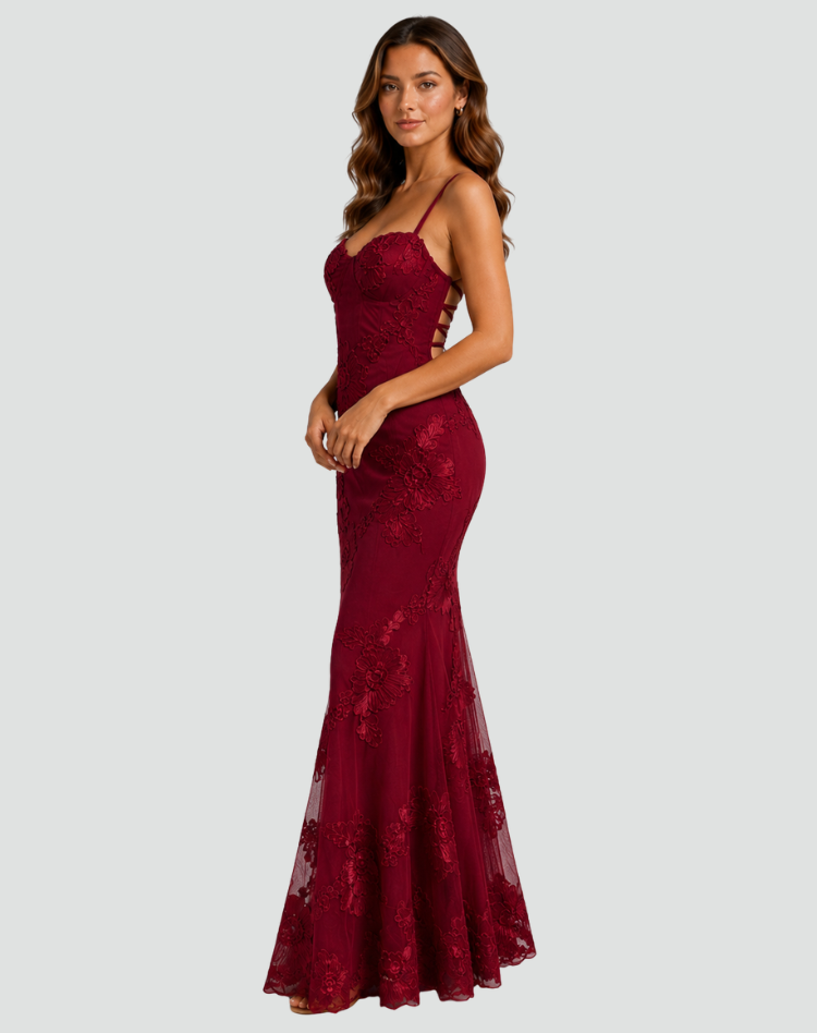 Corset Bodice Formal Maxi Dress with Floral Textured Detailing for Women