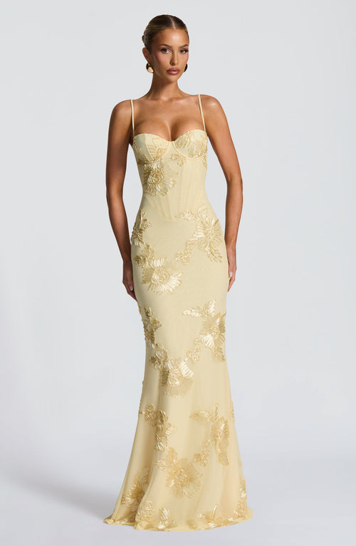 Corset Bodice Formal Maxi Dress with Floral Textured Detailing for Women