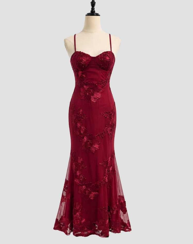 Corset Bodice Formal Maxi Dress with Floral Textured Detailing for Women