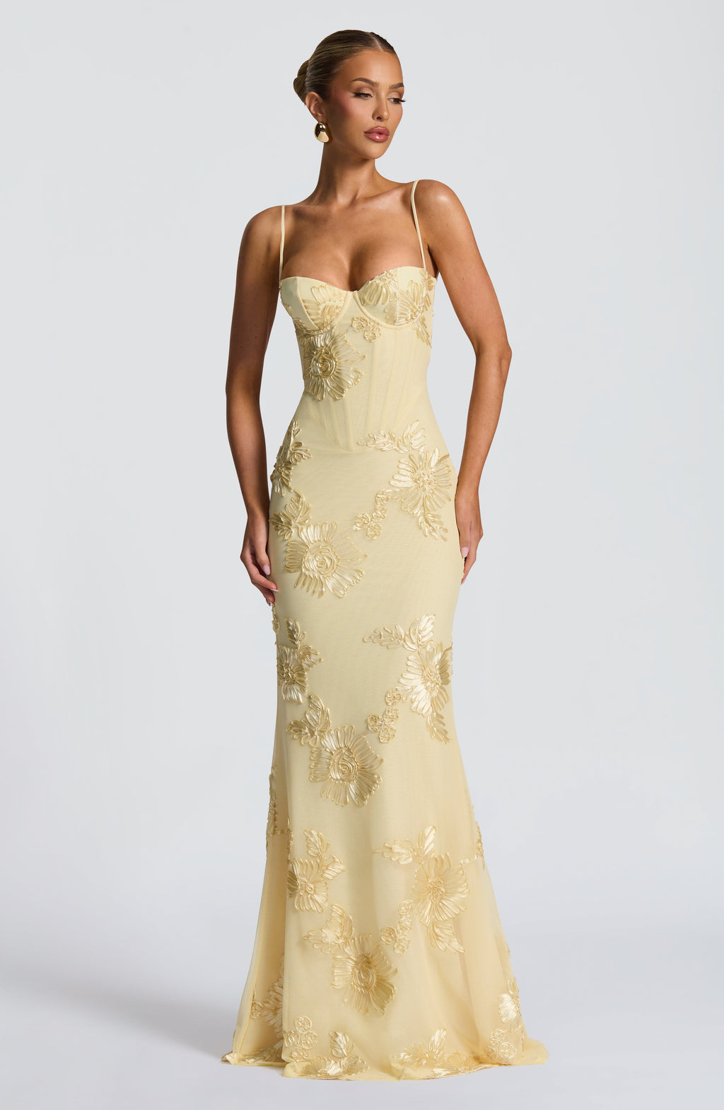 Corset Bodice Formal Maxi Dress with Floral Textured Detailing for Women