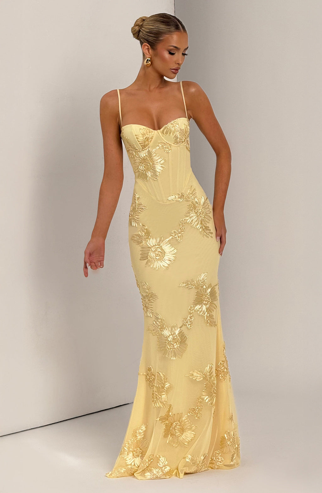 Corset Bodice Formal Maxi Dress with Floral Textured Detailing for Women