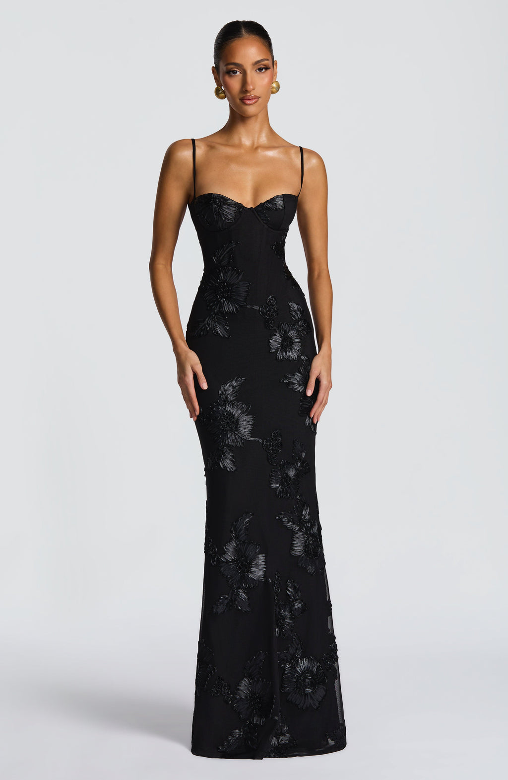 Corset Bodice Formal Maxi Dress with Floral Textured Detailing for Women