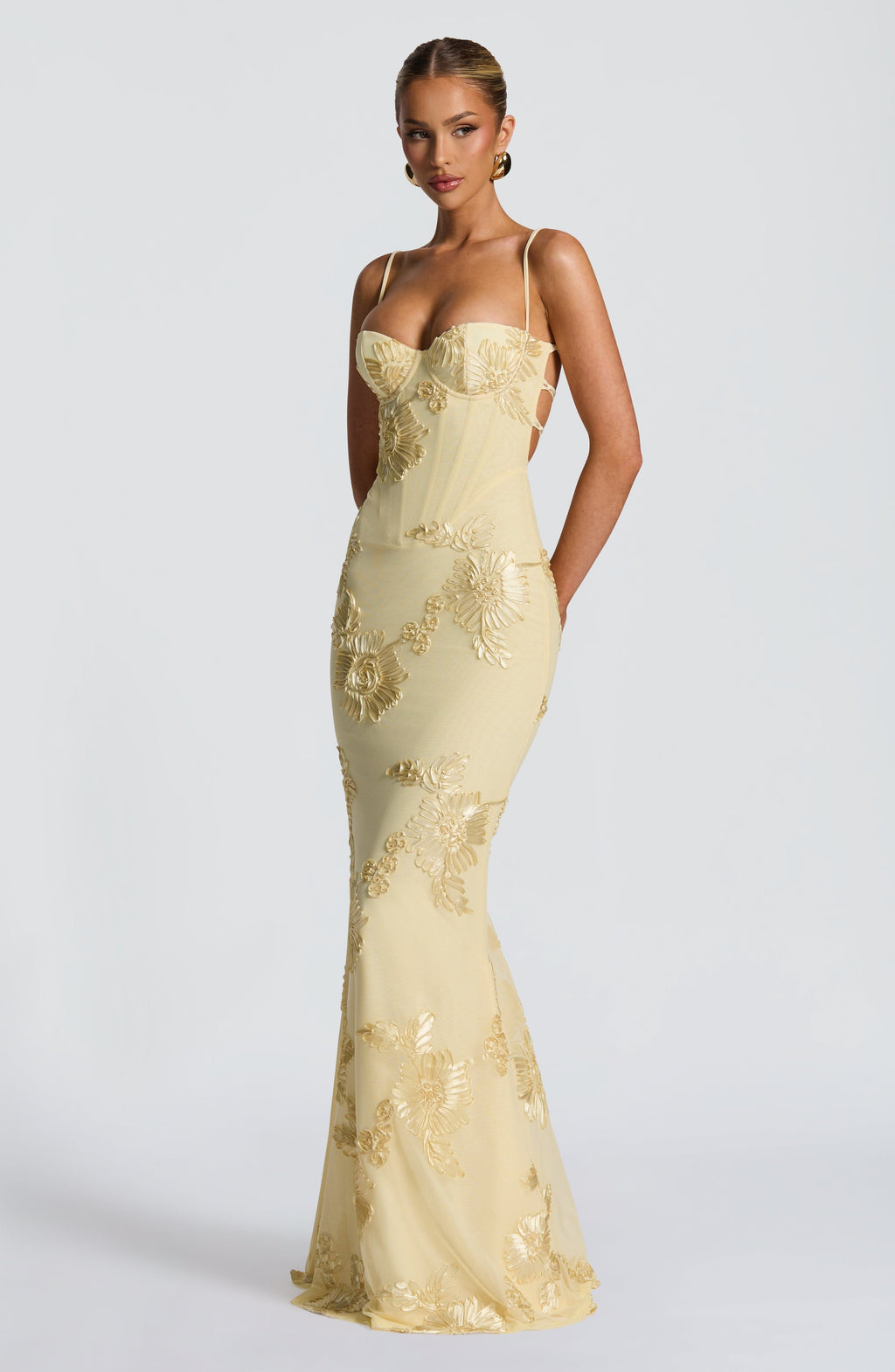 Corset Bodice Formal Maxi Dress with Floral Textured Detailing for Women