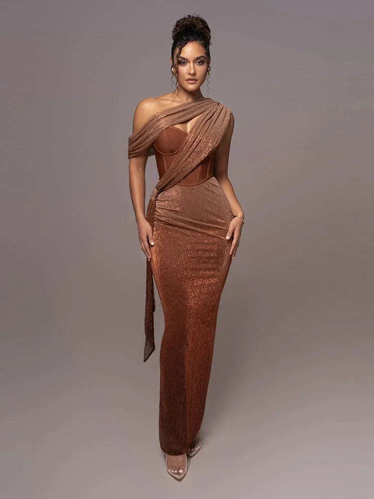 Corset Maxi Dress with One Shoulder Draping for women