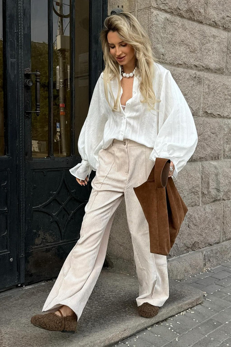 Cotton Corduroy Wide Leg Trousers with Mid Waist for Women