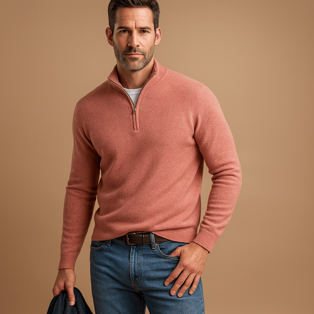 Cotton Jumper with Half Zip and Stand Collar for men