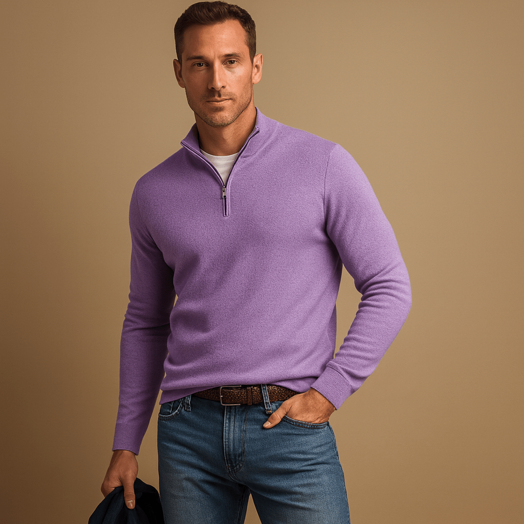 Cotton Jumper with Half Zip and Stand Collar for men