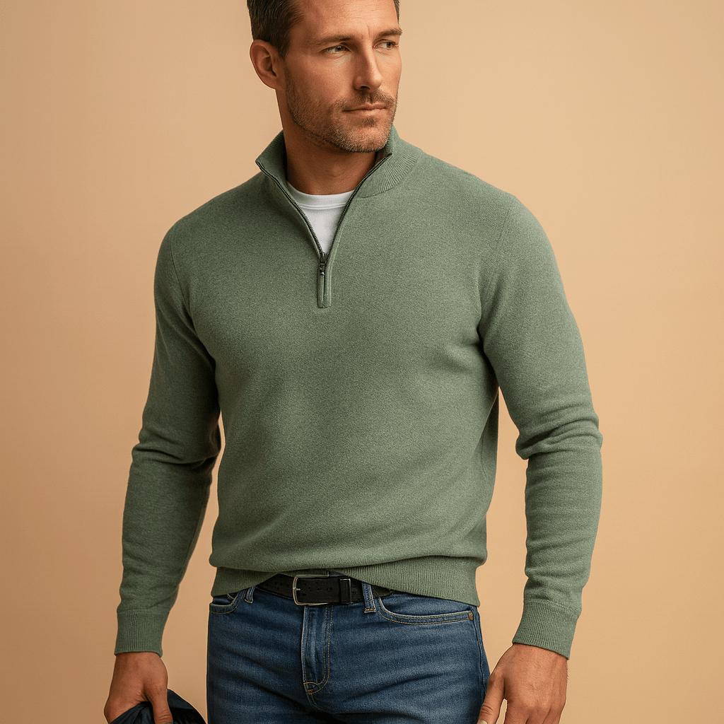 Cotton Jumper with Half Zip and Stand Collar for men