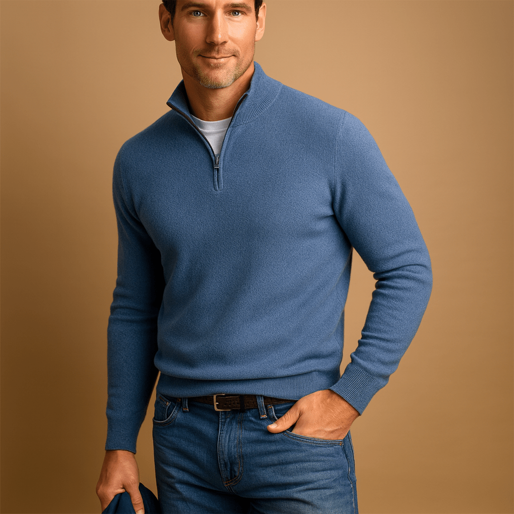 Cotton Jumper with Half Zip and Stand Collar for men