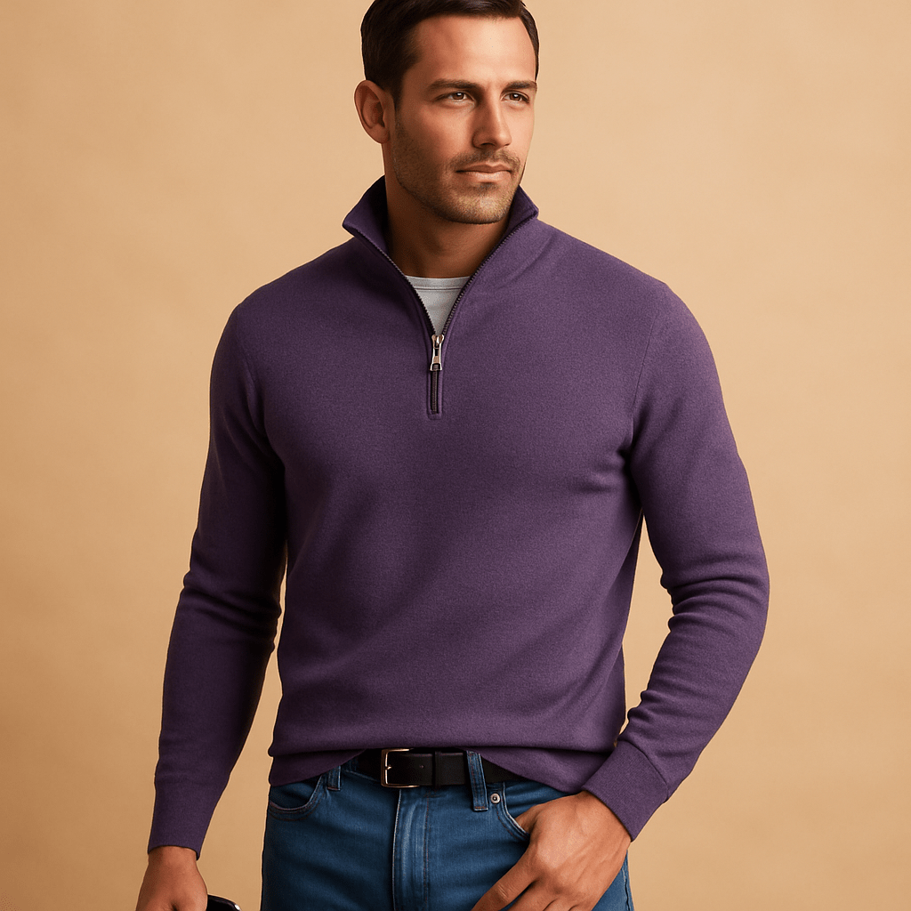 Cotton Jumper with Half Zip and Stand Collar for men