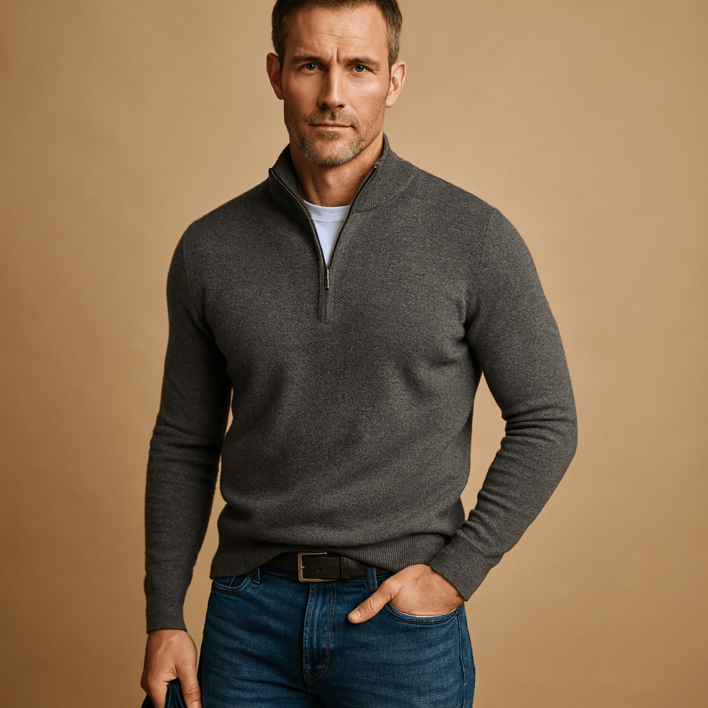 Cotton Jumper with Half Zip and Stand Collar for men
