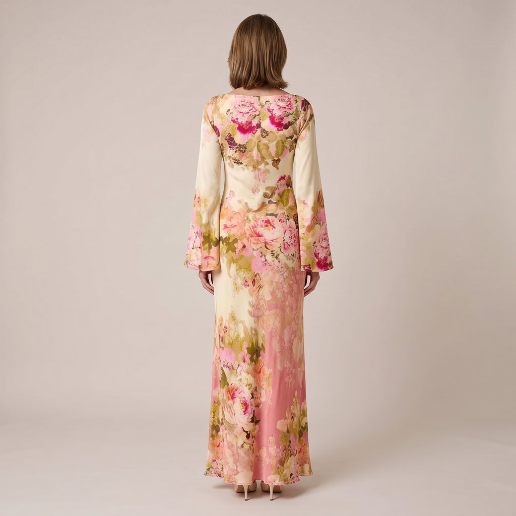 Bell Sleeve Maxi Dress with Floral Print for Women