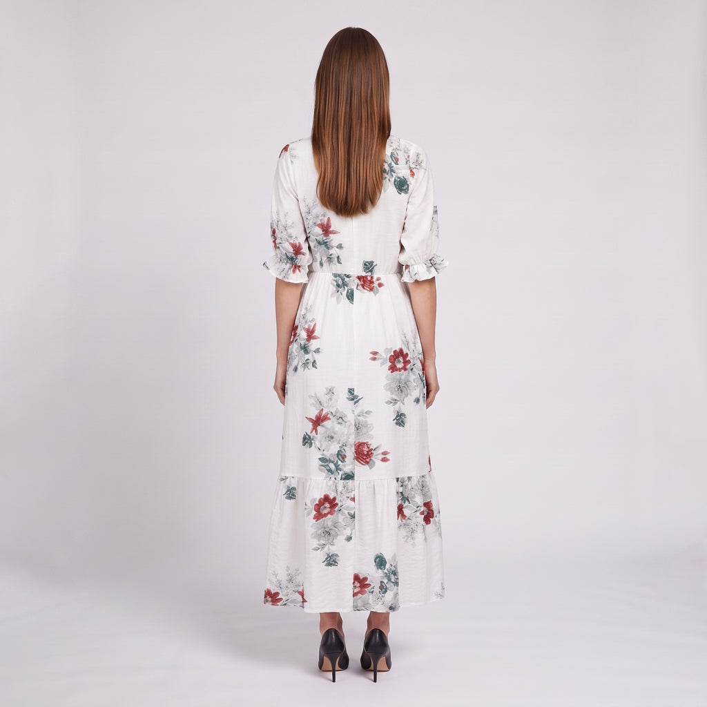 Relaxed Floral Maxi Dress with Tassel Tie V-Neckline for Women