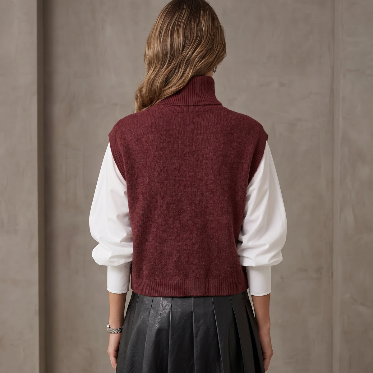 High-Neck Sweater Vest with Ribbed Armholes for Women
