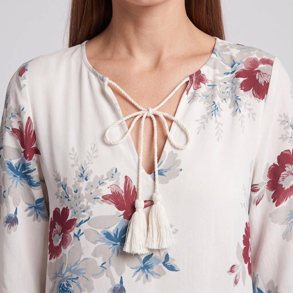 Relaxed Floral Maxi Dress with Tassel Tie V-Neckline for Women