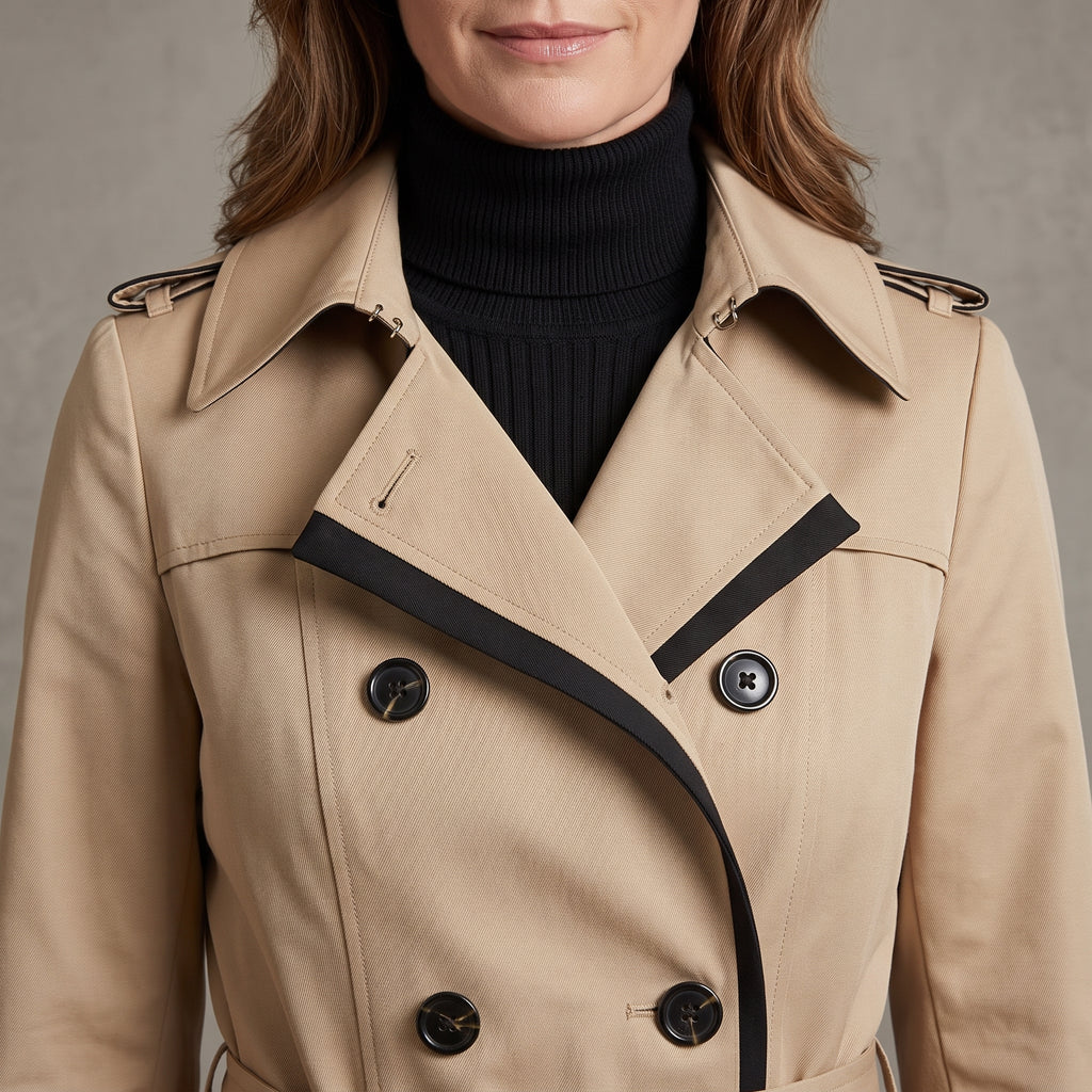 Belted Trench Coat with Notched Lapel Collar for Women