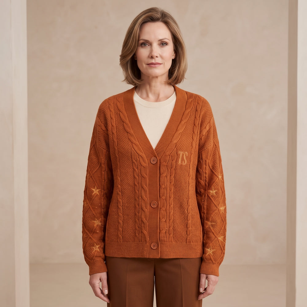 Cable-Knit Cardigan with Star Embroidery on Sleeves for Women