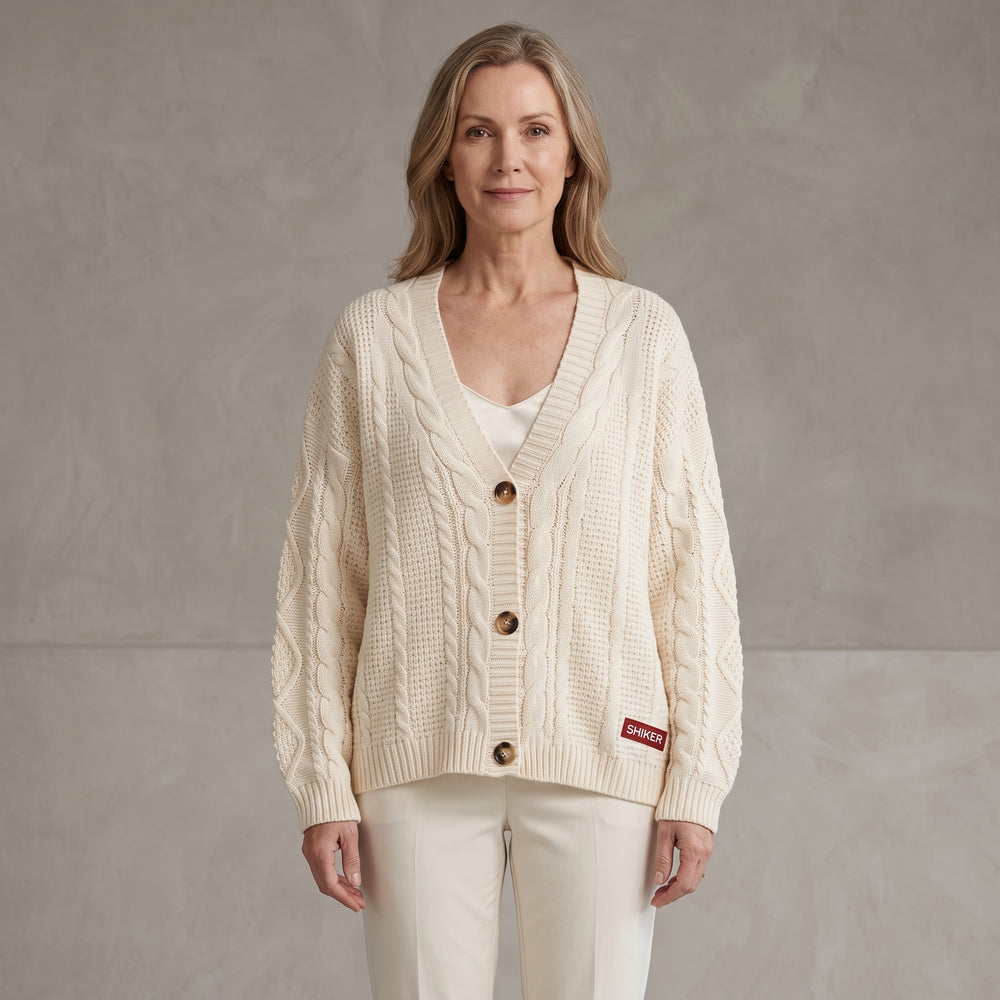 Cable Knit Cardigan with Star Applique Sleeves for Women