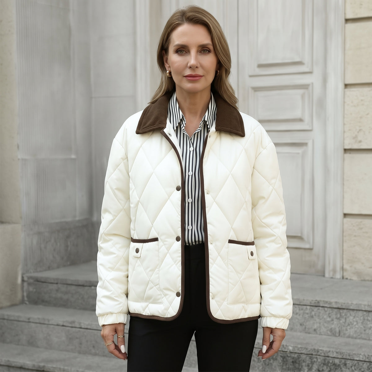 Diamond-Quilted Padded Jacket with Front Pockets for Women