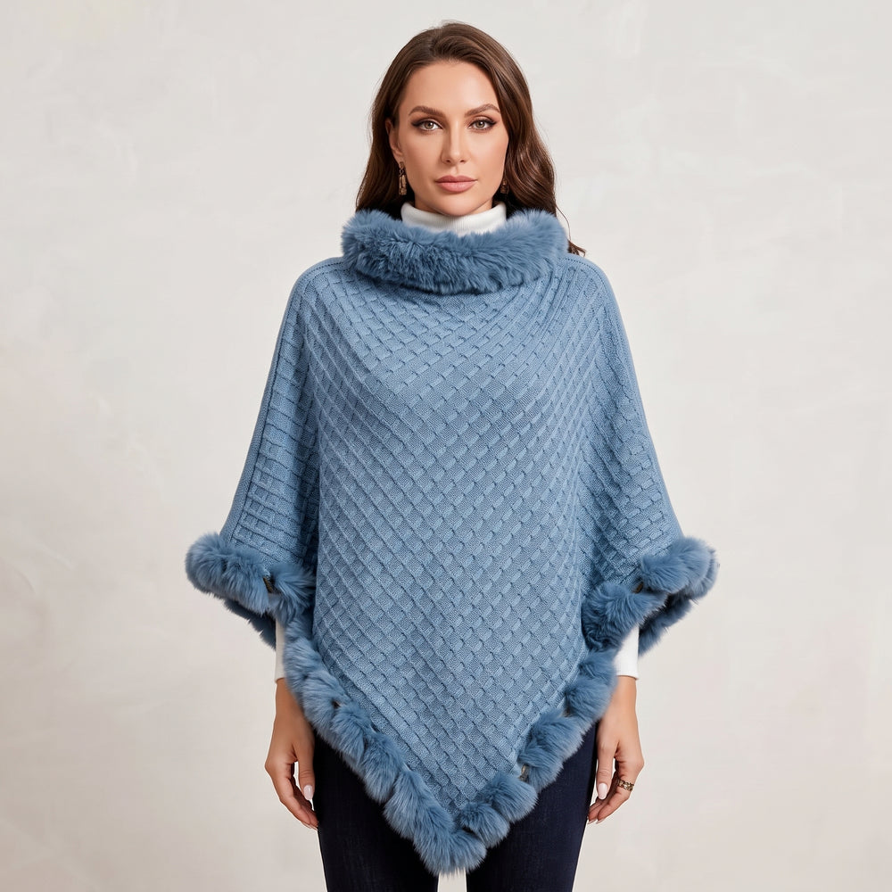 Textured Knit Poncho with Fur-Like Trim for Women