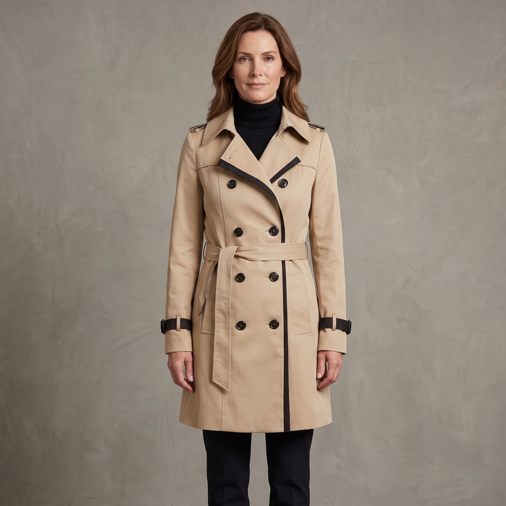 Belted Trench Coat with Notched Lapel Collar for Women