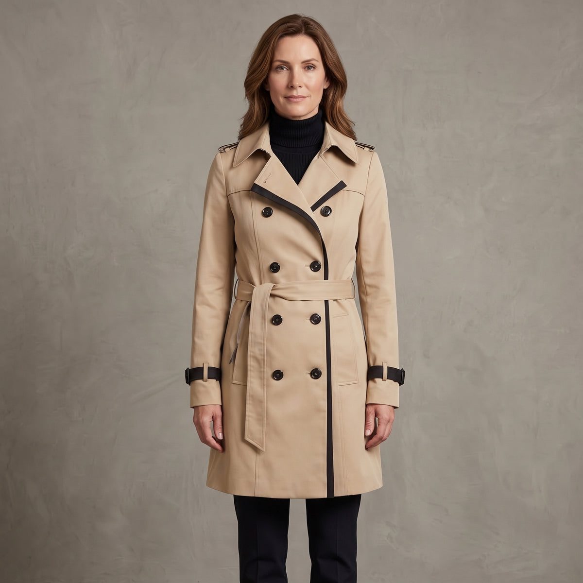 Belted Trench Coat with Notched Lapel Collar for Women