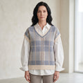 Plaid Knit Sweater Vest with Ribbed V-Neckline for Women